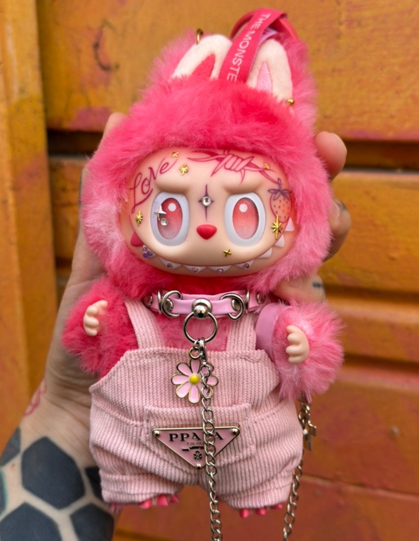 Custom Labubu with hand-drawn face tattoos by Tia Berry