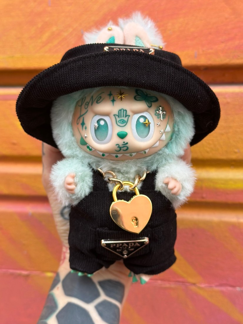 Custom Labubu with hand-drawn face tattoos by Tia Berry
